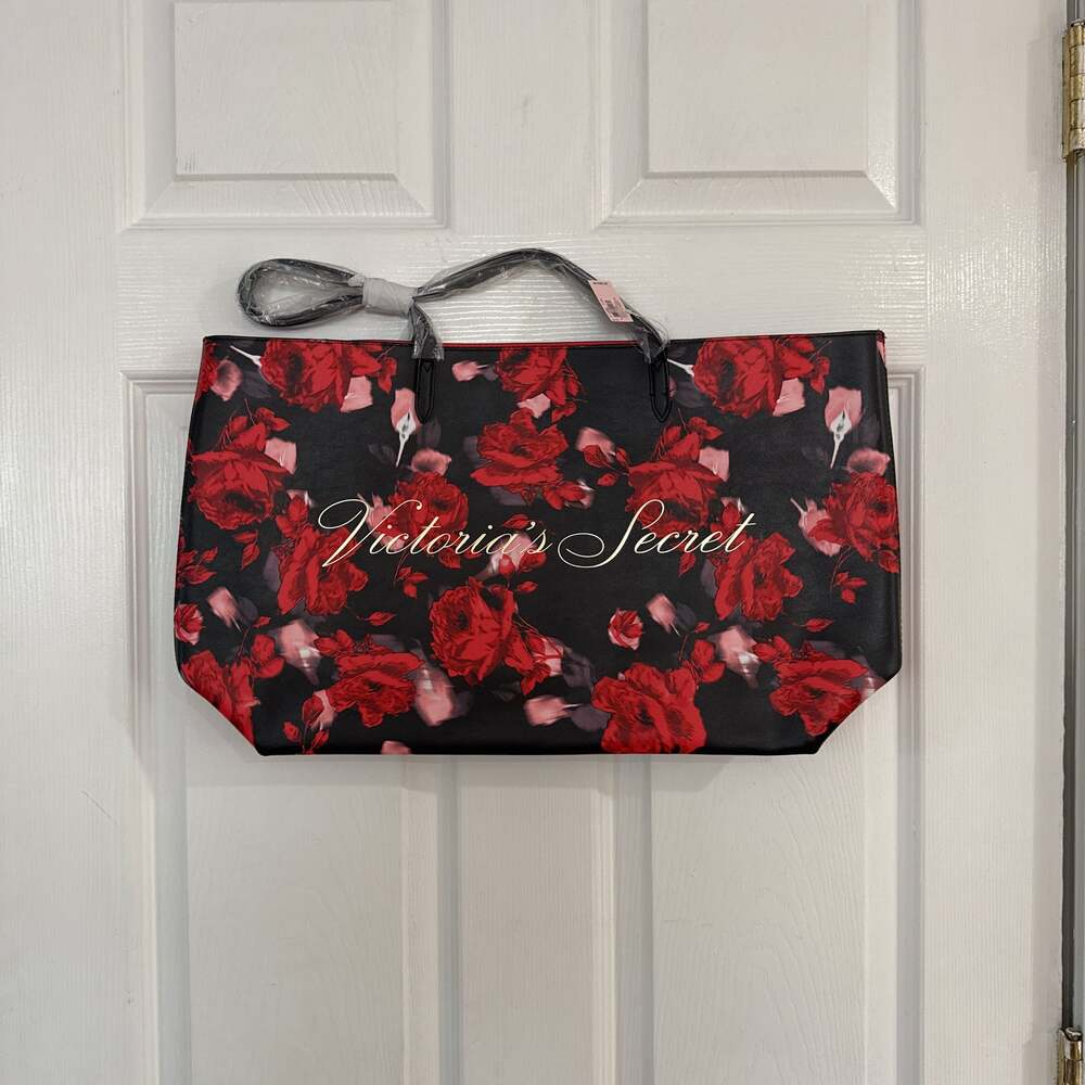 Victoria's Secret 2019 Limited Edition Black and Red Rose Floral Large Tote Bag